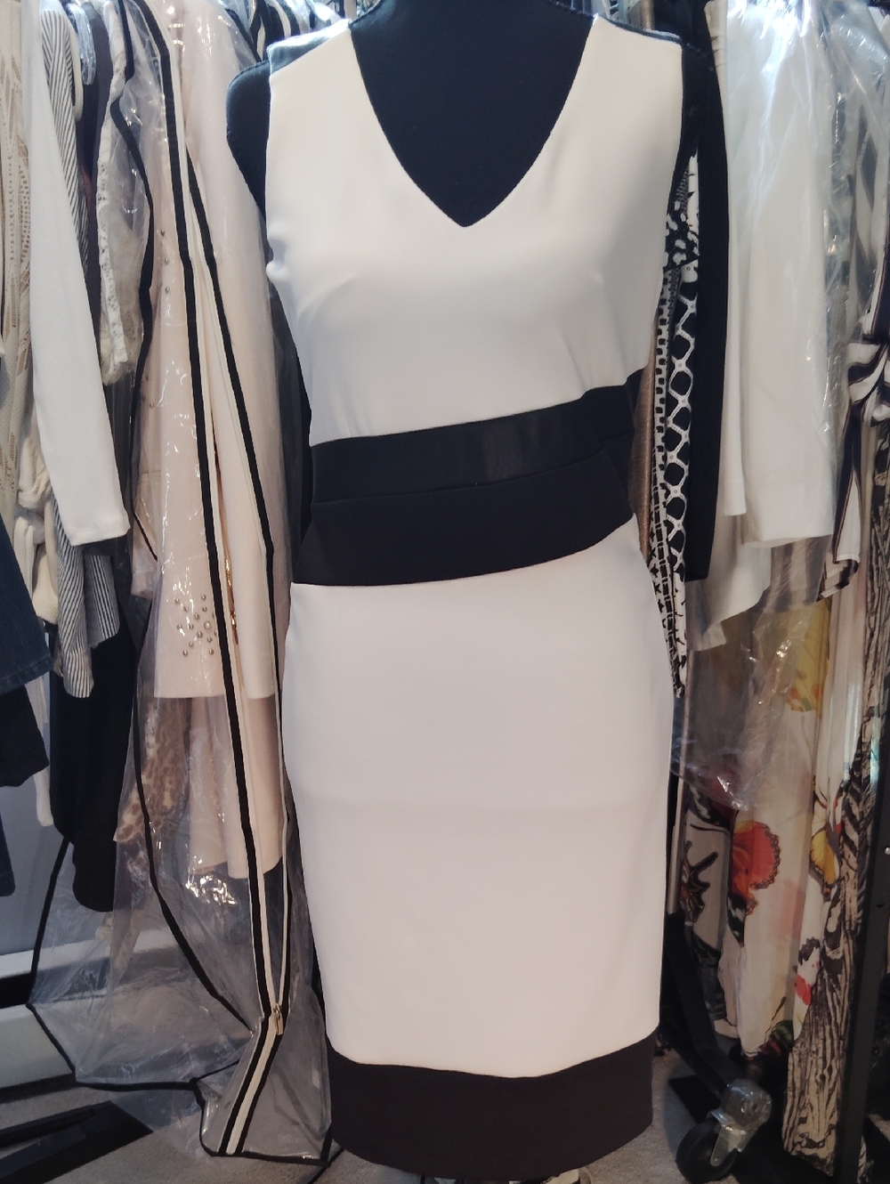 Sleeveless White and Black Sheath Dress - Classic Contrast XS 2-4